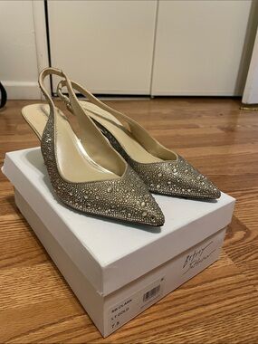 Betsey Johnson Metallic Gold Crystal & Pearl Slingback Pumps